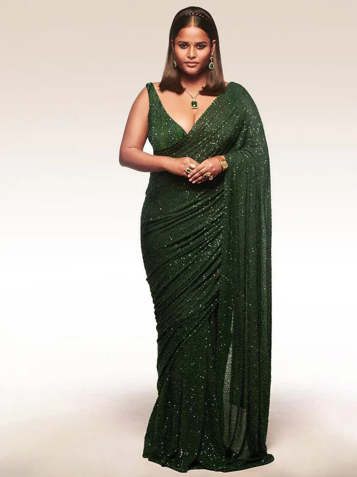 Adorable Green Sequins Georgette Party Wear Saree With Blouse - Zeel Clothing