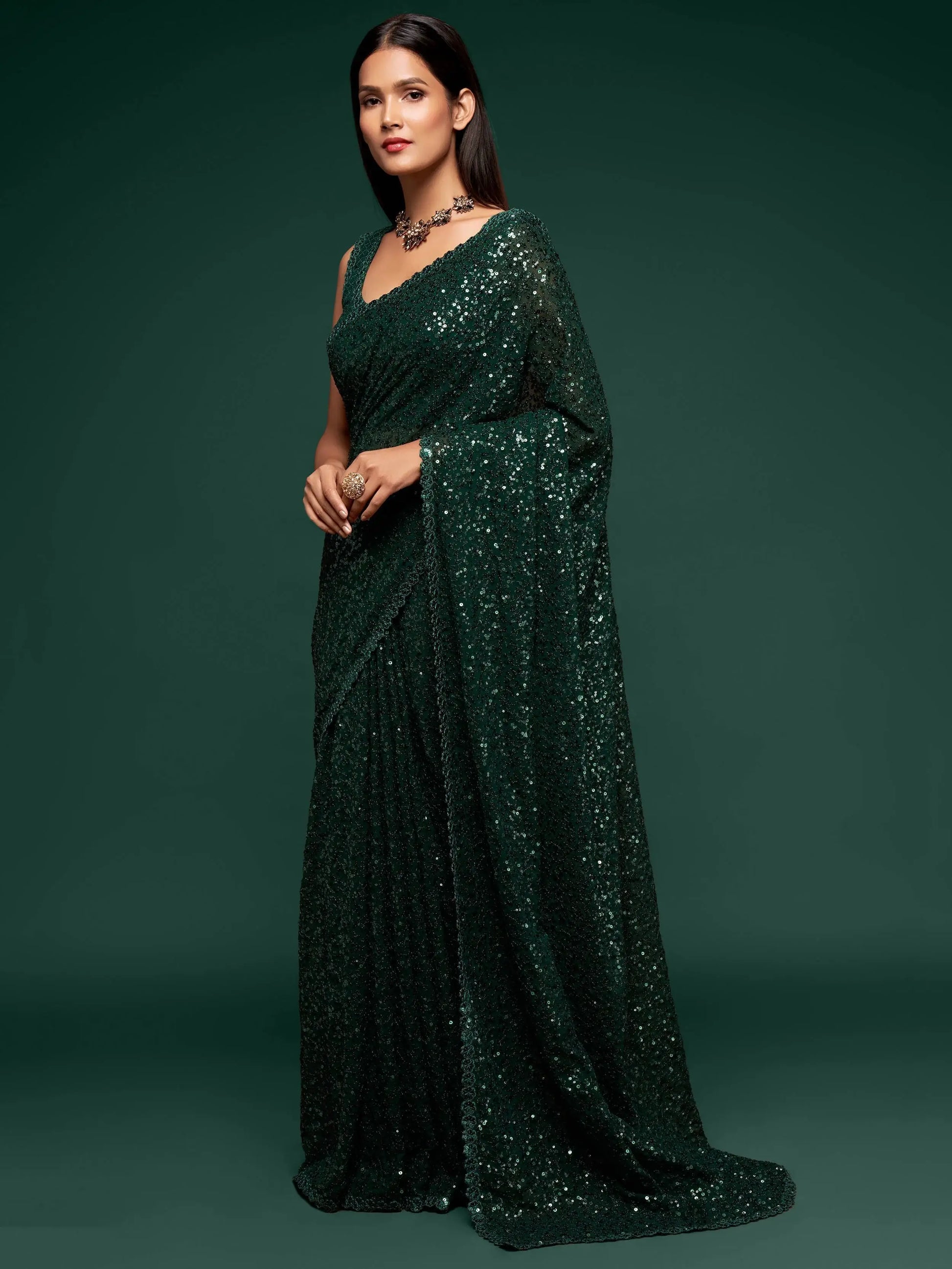 Adorable Green Sequins Georgette Party Wear Saree With Blouse - Zeel Clothing