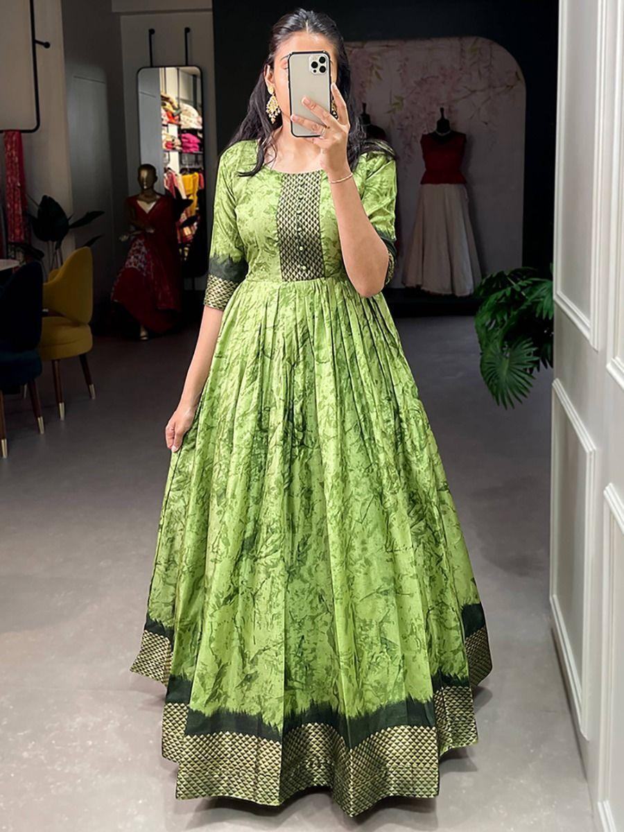 Adorable Green Shibori Print Silk Readymade Festival Wear Gown