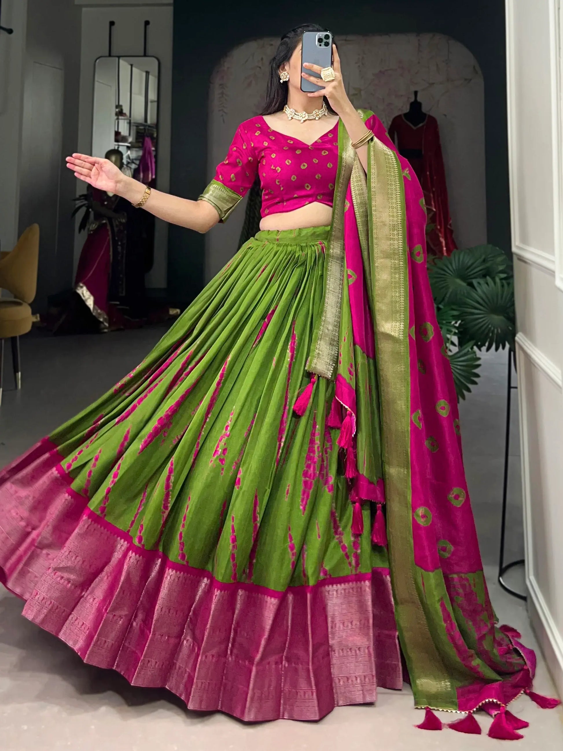 Adorable Green Shibori Printed Silk Lehenga Choli With Dupatta - Zeel Clothing