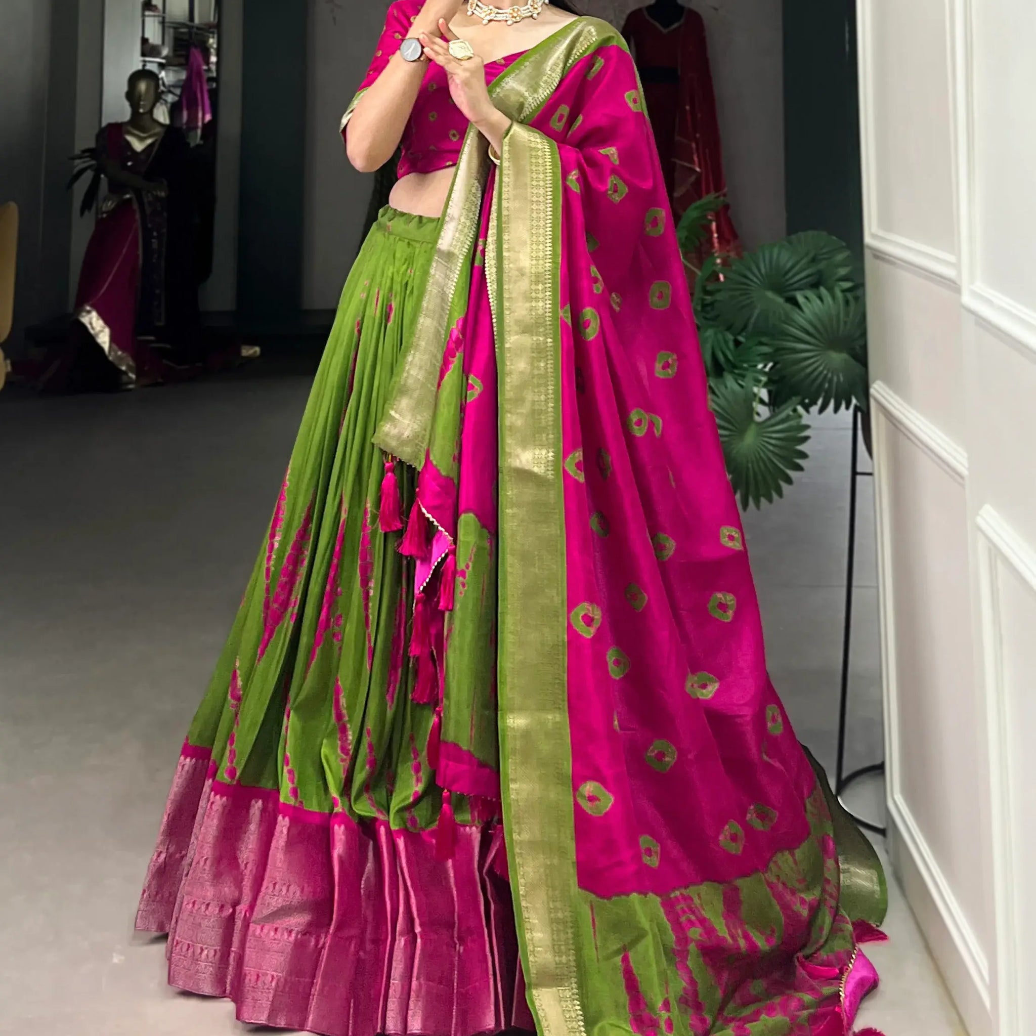 Adorable Green Shibori Printed Silk Lehenga Choli With Dupatta - Zeel Clothing
