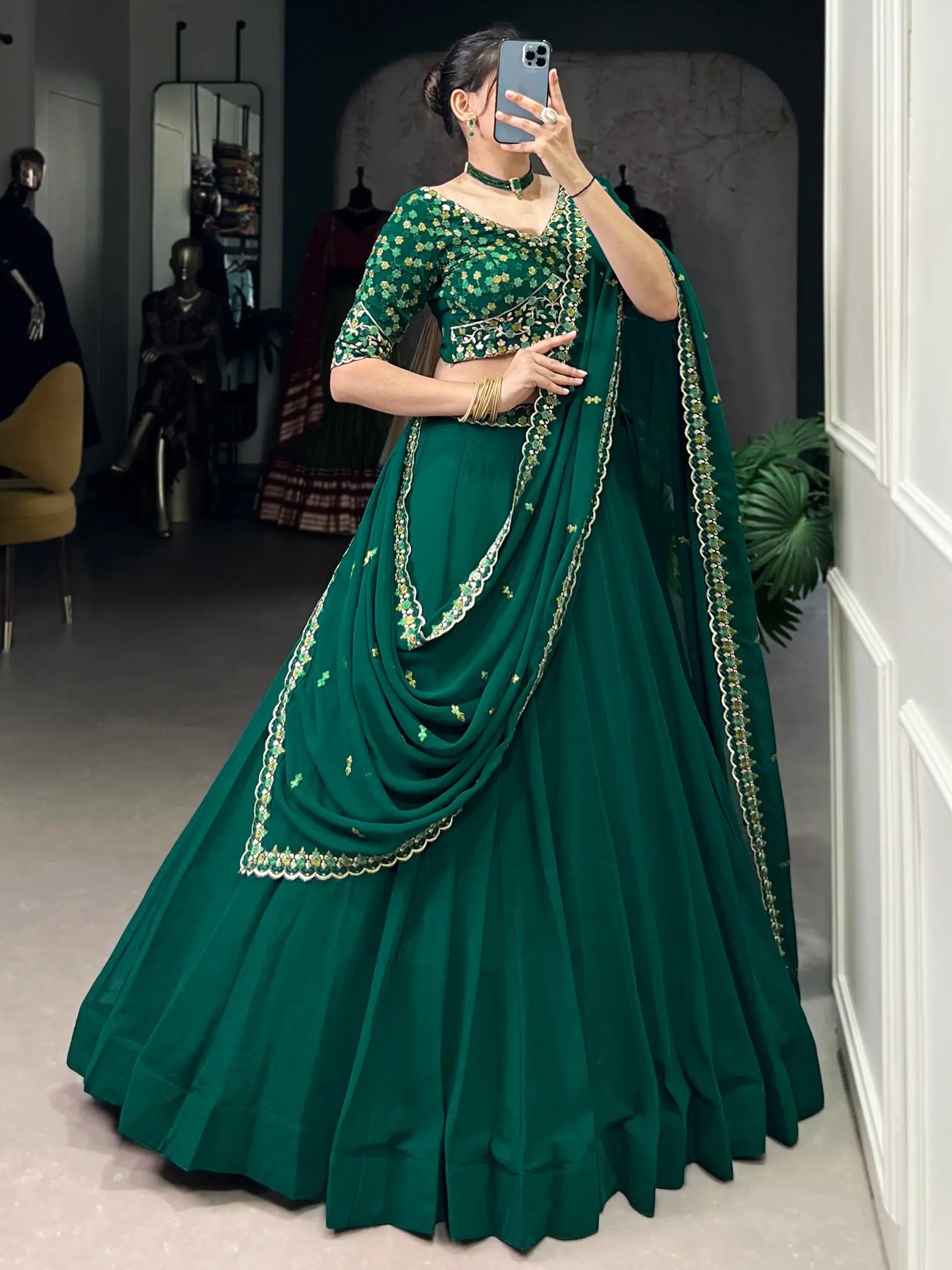 Adorable Green Thread Work Georgette Sangeet Wear Lehenga Choli - Zeel Clothing