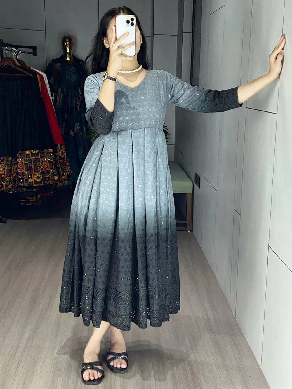 Adorable Grey Chikankari Cotton Casual Wear Dress - Zeel Clothing