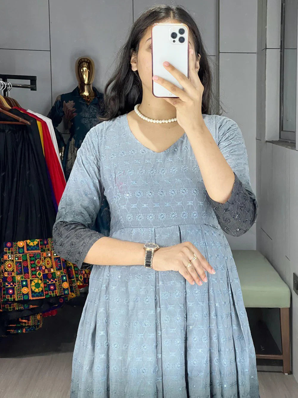 Adorable Grey Chikankari Cotton Casual Wear Dress - Zeel Clothing