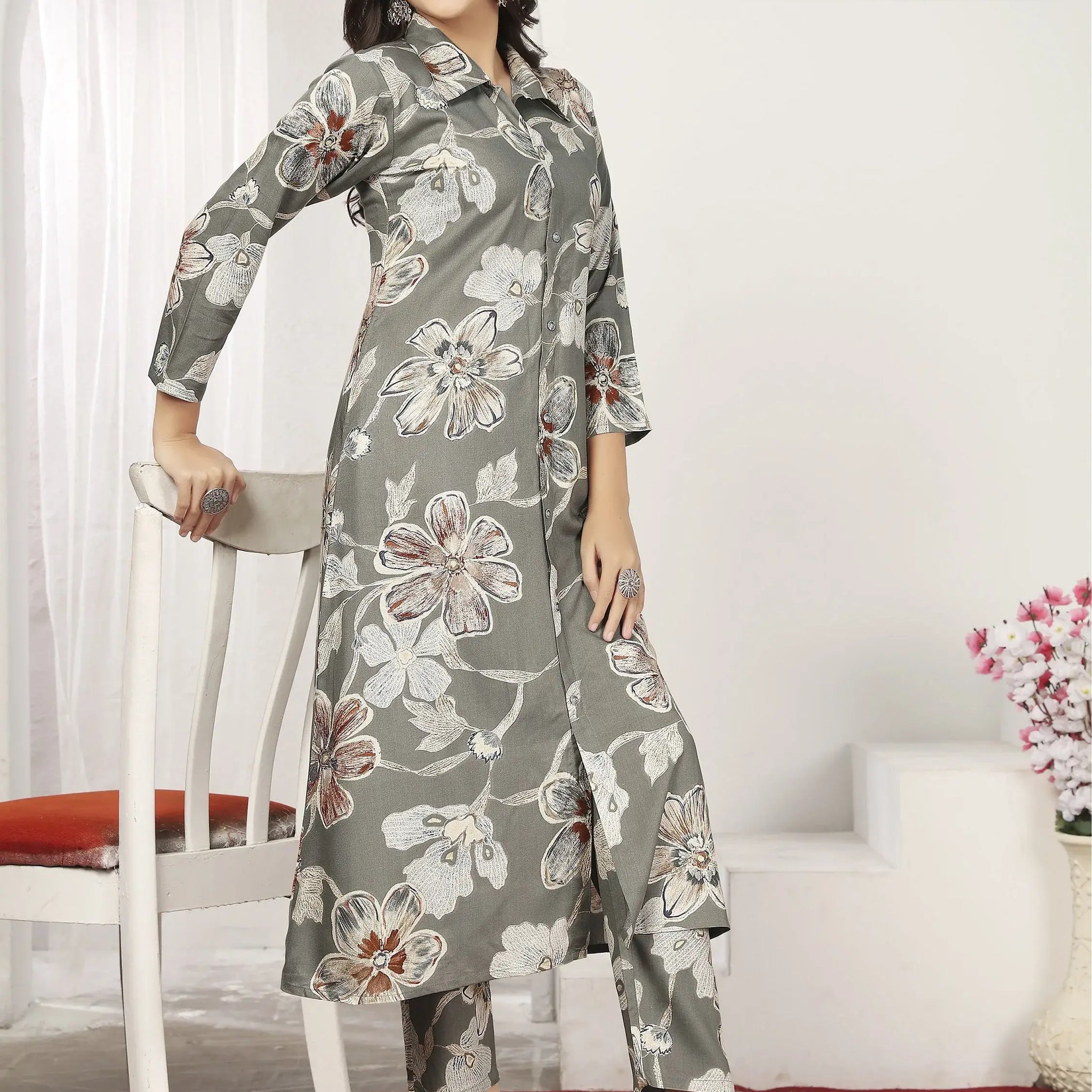 Adorable Grey Floral Printed Chanderi Silk Kurti With Pant - Zeel Clothing