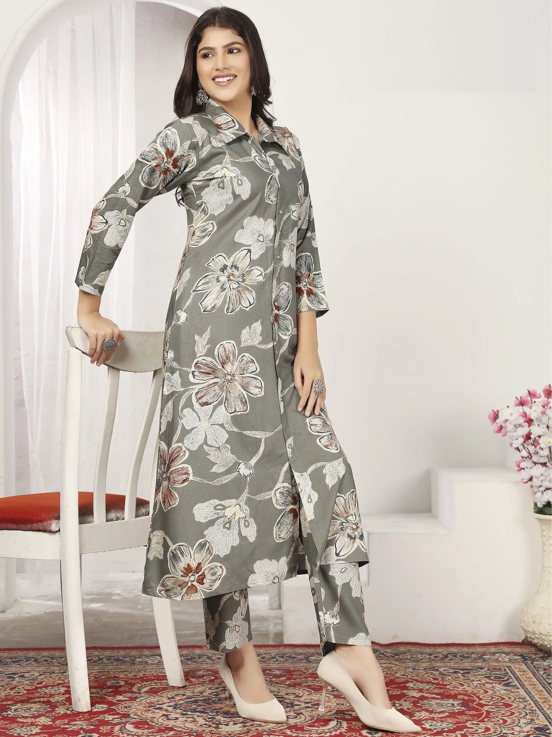 Adorable Grey Floral Printed Chanderi Silk Kurti With Pant - Zeel Clothing