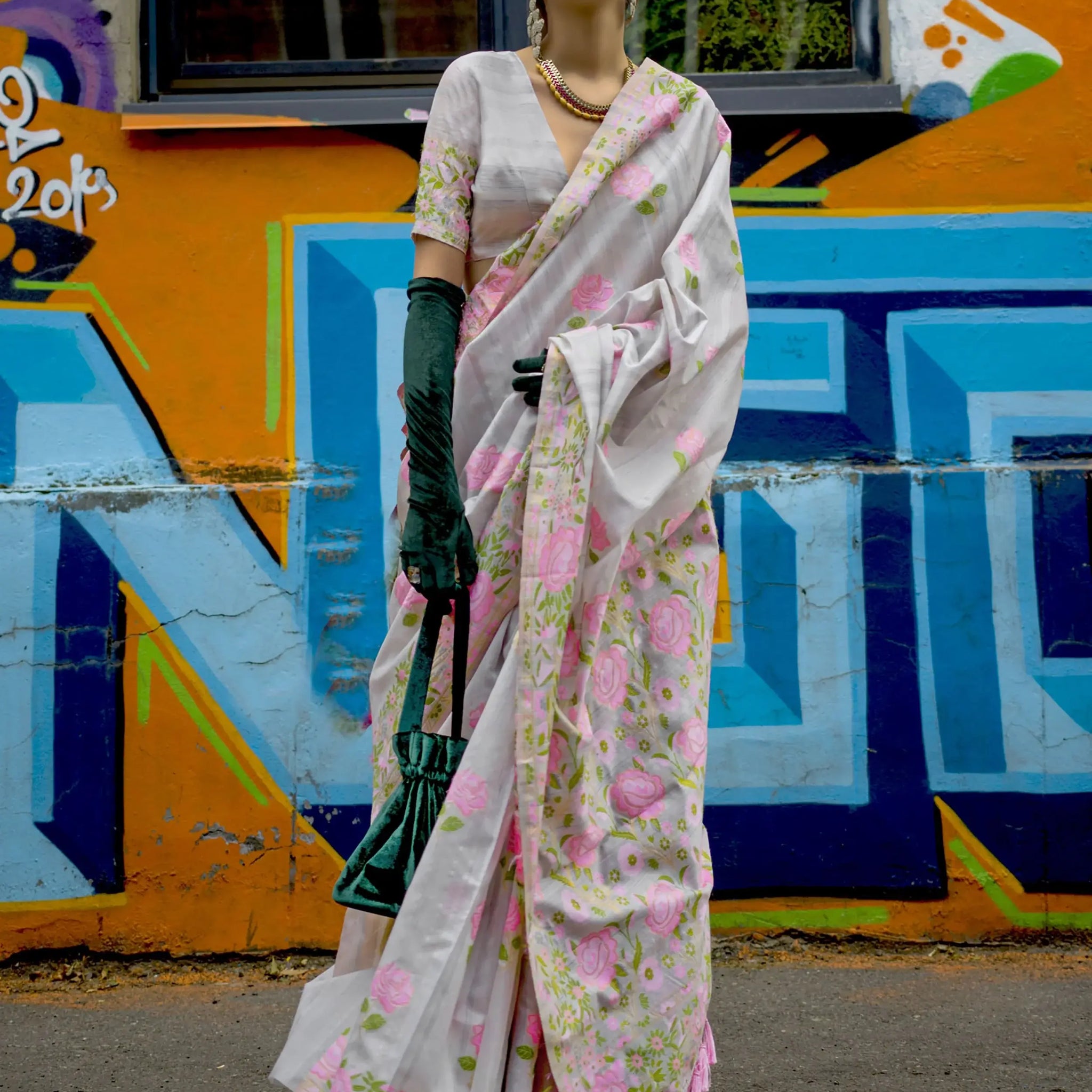 Adorable Grey Floral Printed Silk Function Wear Saree With Blouse - Zeel Clothing