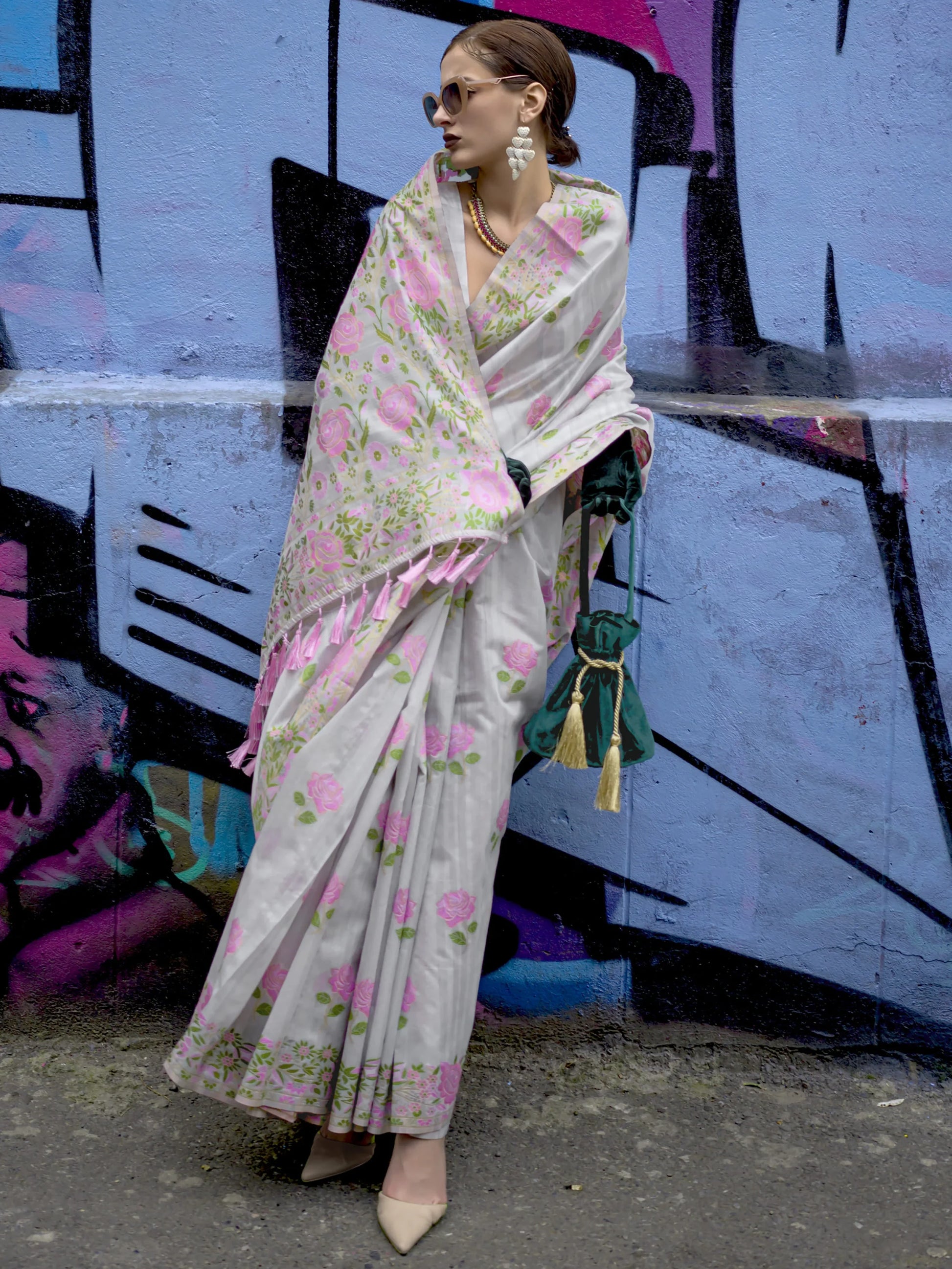 Adorable Grey Floral Printed Silk Function Wear Saree With Blouse - Zeel Clothing