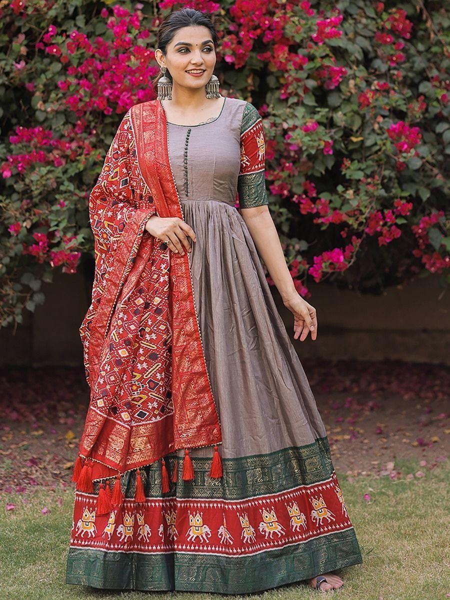 Adorable Grey Foil Print Silk Festival Wear Gown With Dupatta