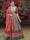 Adorable Grey Foil Print Silk Festival Wear Gown With Dupatta - Zeel Clothing