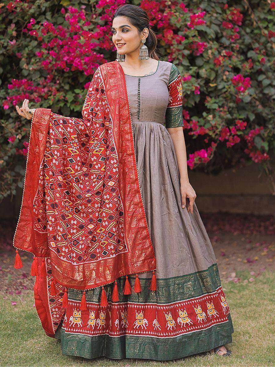 Adorable Grey Foil Print Silk Festival Wear Gown With Dupatta - Zeel Clothing