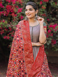 Adorable Grey Foil Print Silk Festival Wear Gown With Dupatta - Zeel Clothing