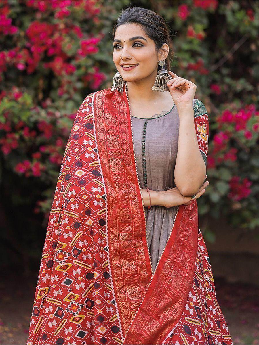 Adorable Grey Foil Print Silk Festival Wear Gown With Dupatta - Zeel Clothing