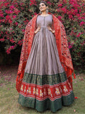 Adorable Grey Foil Print Silk Festival Wear Gown With Dupatta - Zeel Clothing