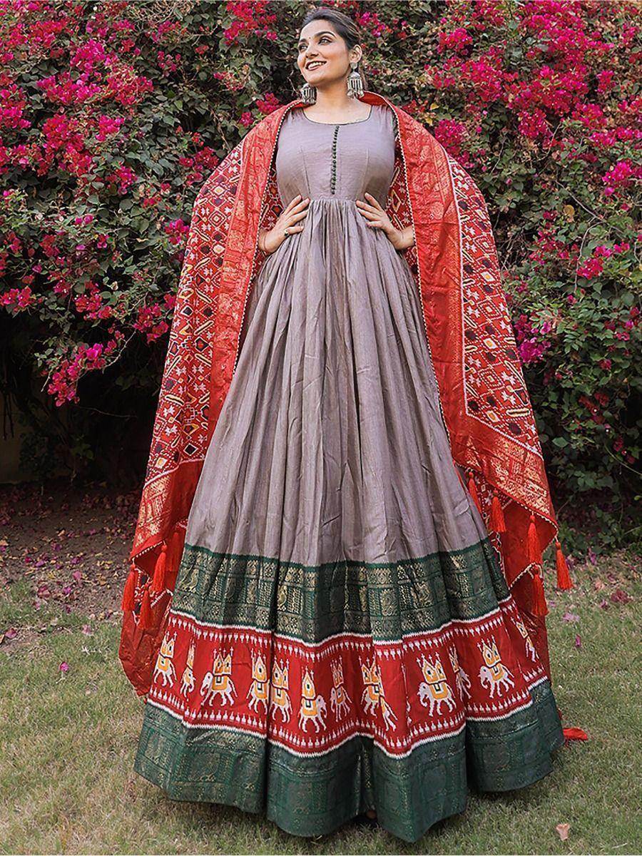Adorable Grey Foil Print Silk Festival Wear Gown With Dupatta - Zeel Clothing