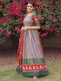 Adorable Grey Foil Print Silk Festival Wear Gown With Dupatta - Zeel Clothing