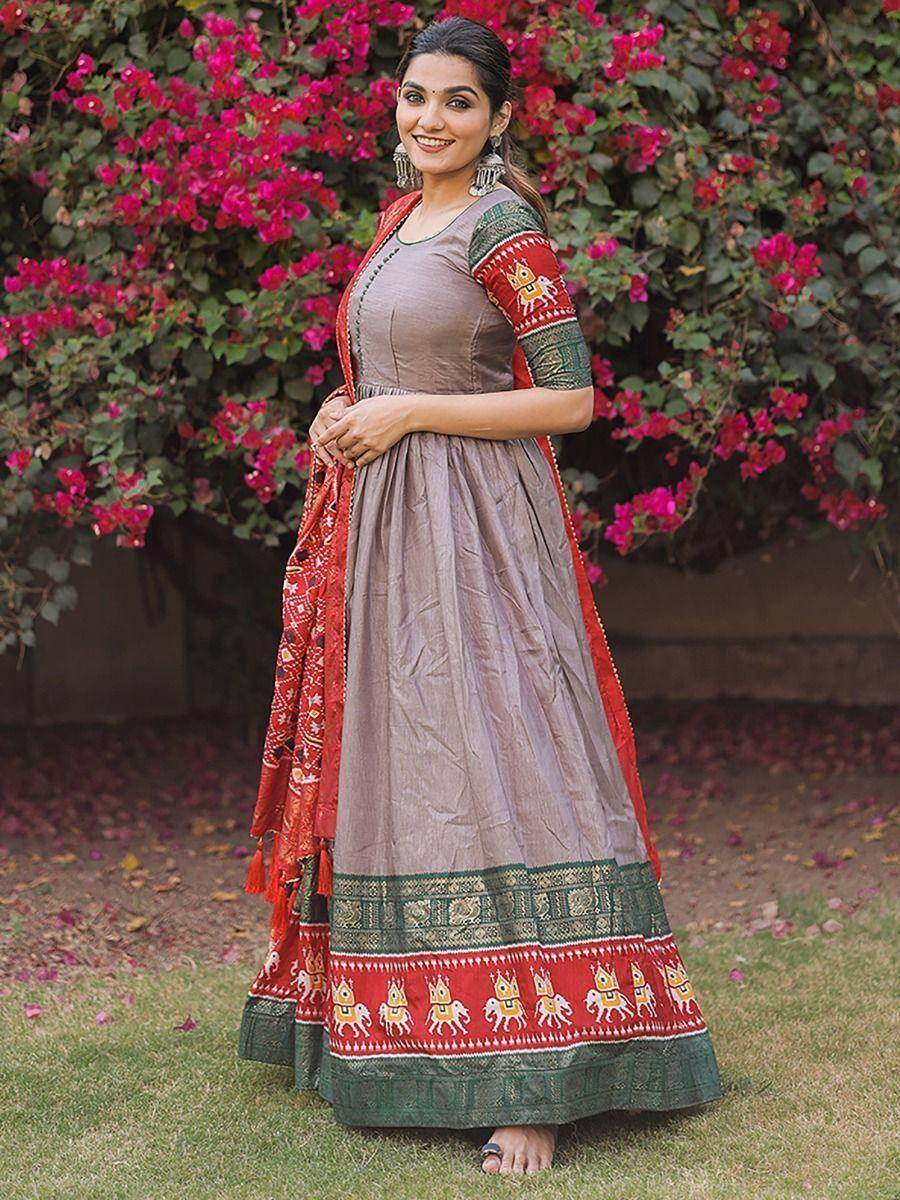 Adorable Grey Foil Print Silk Festival Wear Gown With Dupatta - Zeel Clothing