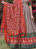 Adorable Grey Foil Print Silk Festival Wear Gown With Dupatta - Zeel Clothing