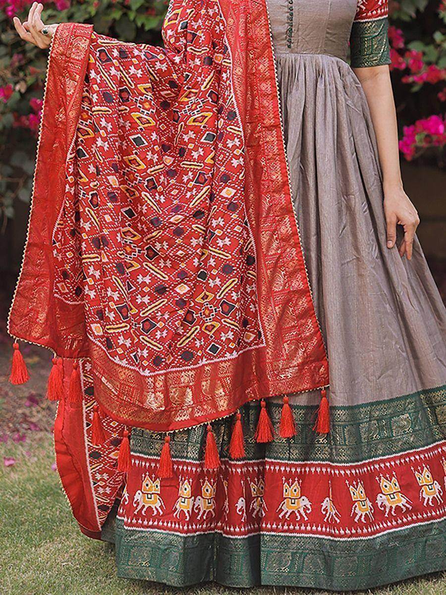 Adorable Grey Foil Print Silk Festival Wear Gown With Dupatta - Zeel Clothing