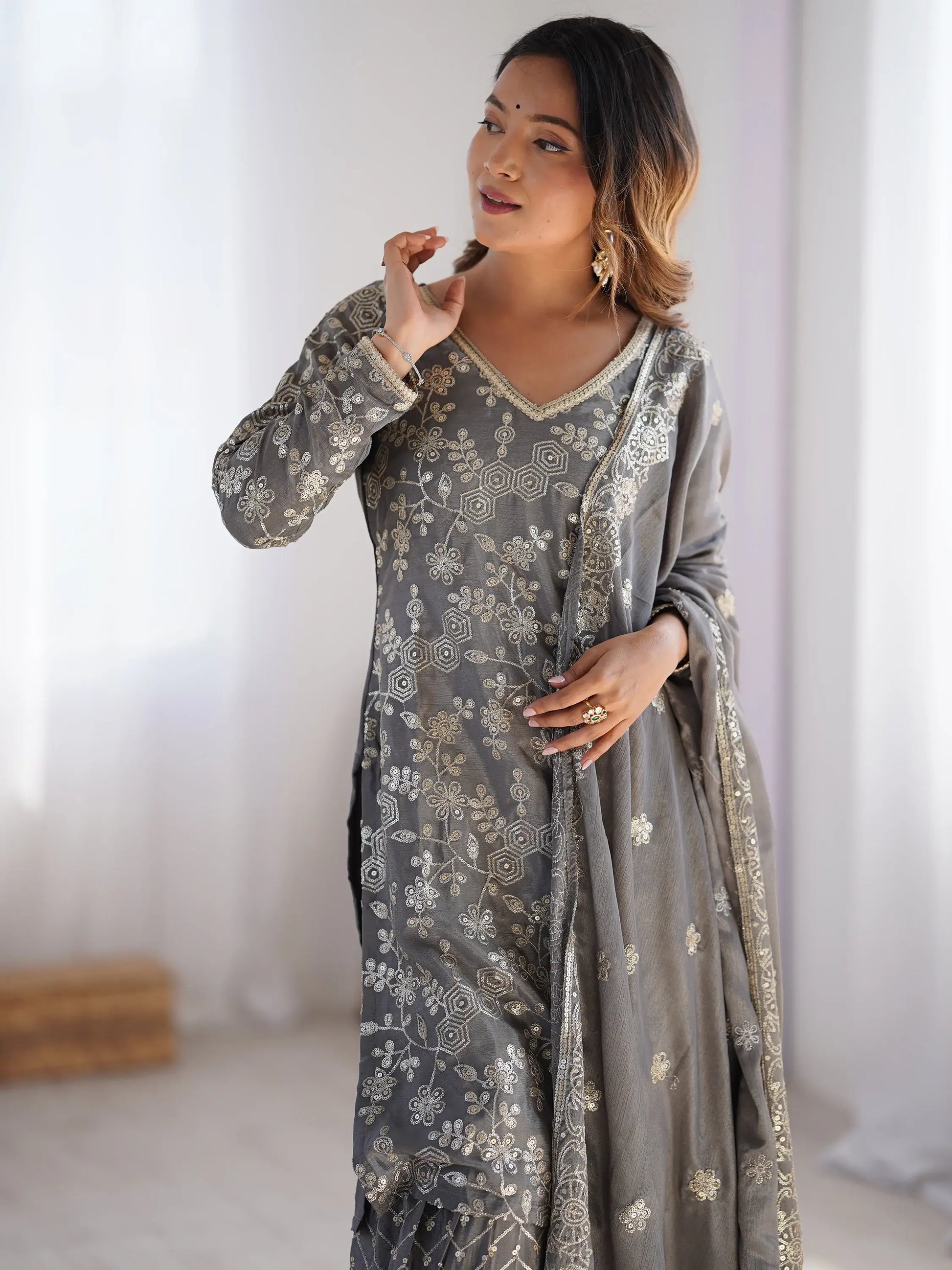 Adorable Grey Sequins Chinon Designer Sharara Suit With Dupatta - Zeel Clothing