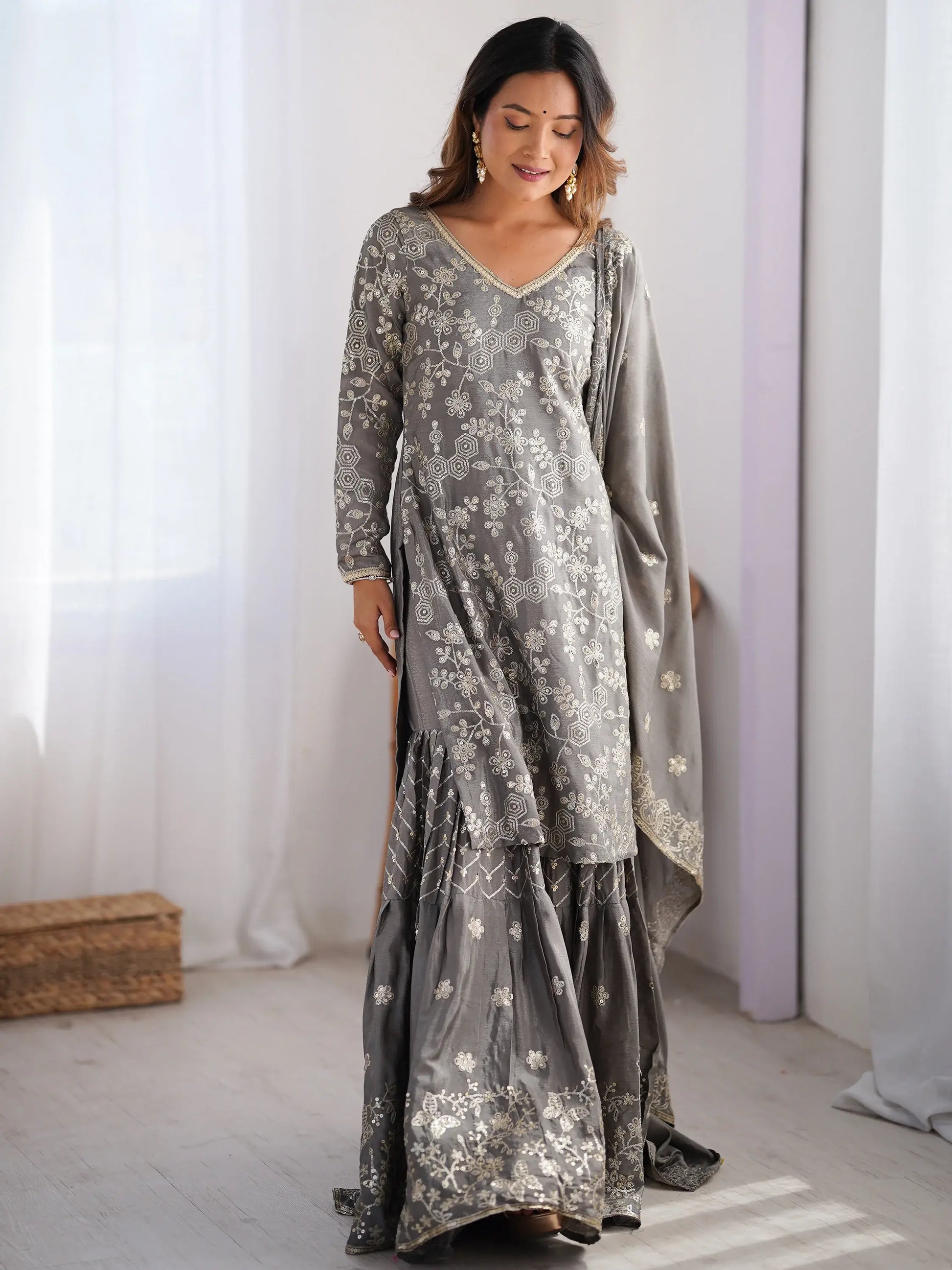 Adorable Grey Sequins Chinon Designer Sharara Suit With Dupatta - Zeel Clothing