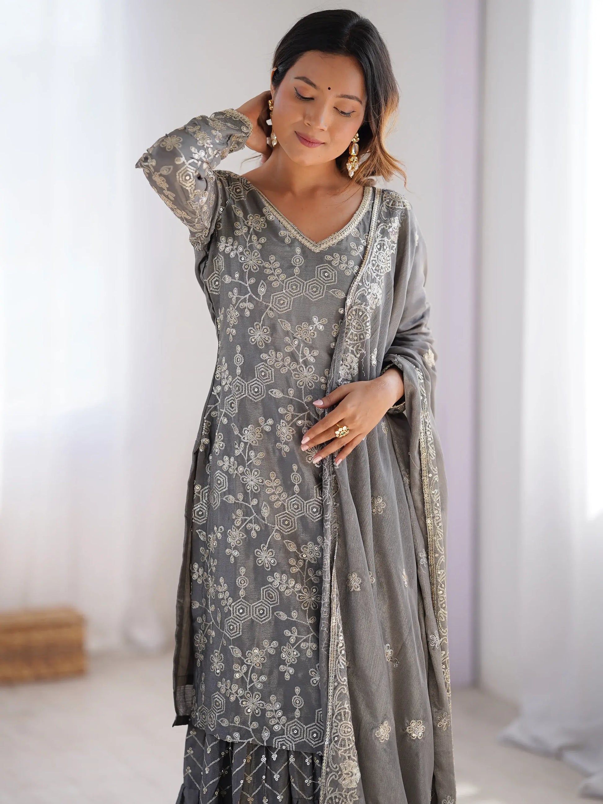 Adorable Grey Sequins Chinon Designer Sharara Suit With Dupatta - Zeel Clothing