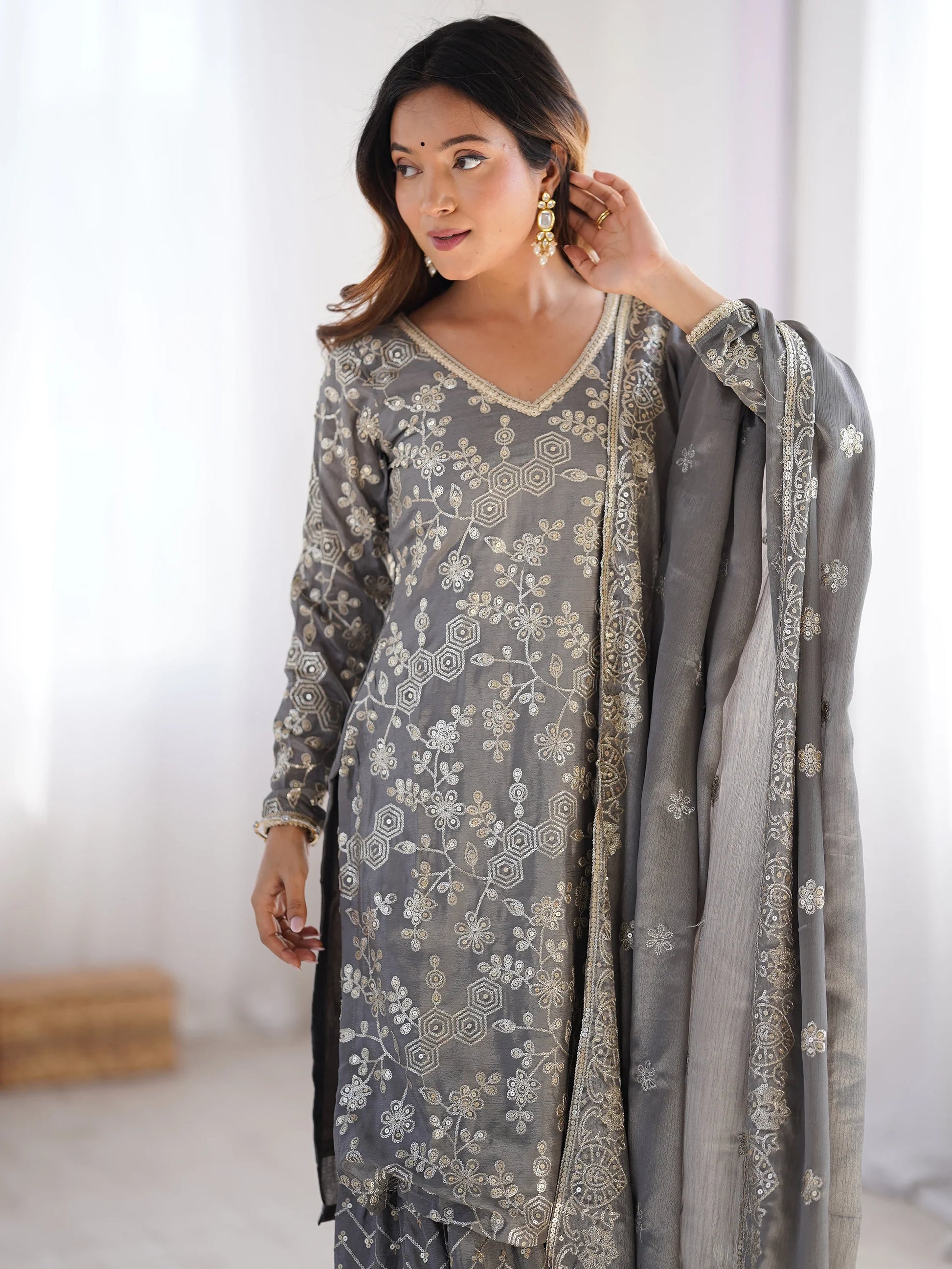 Adorable Grey Sequins Chinon Designer Sharara Suit With Dupatta - Zeel Clothing