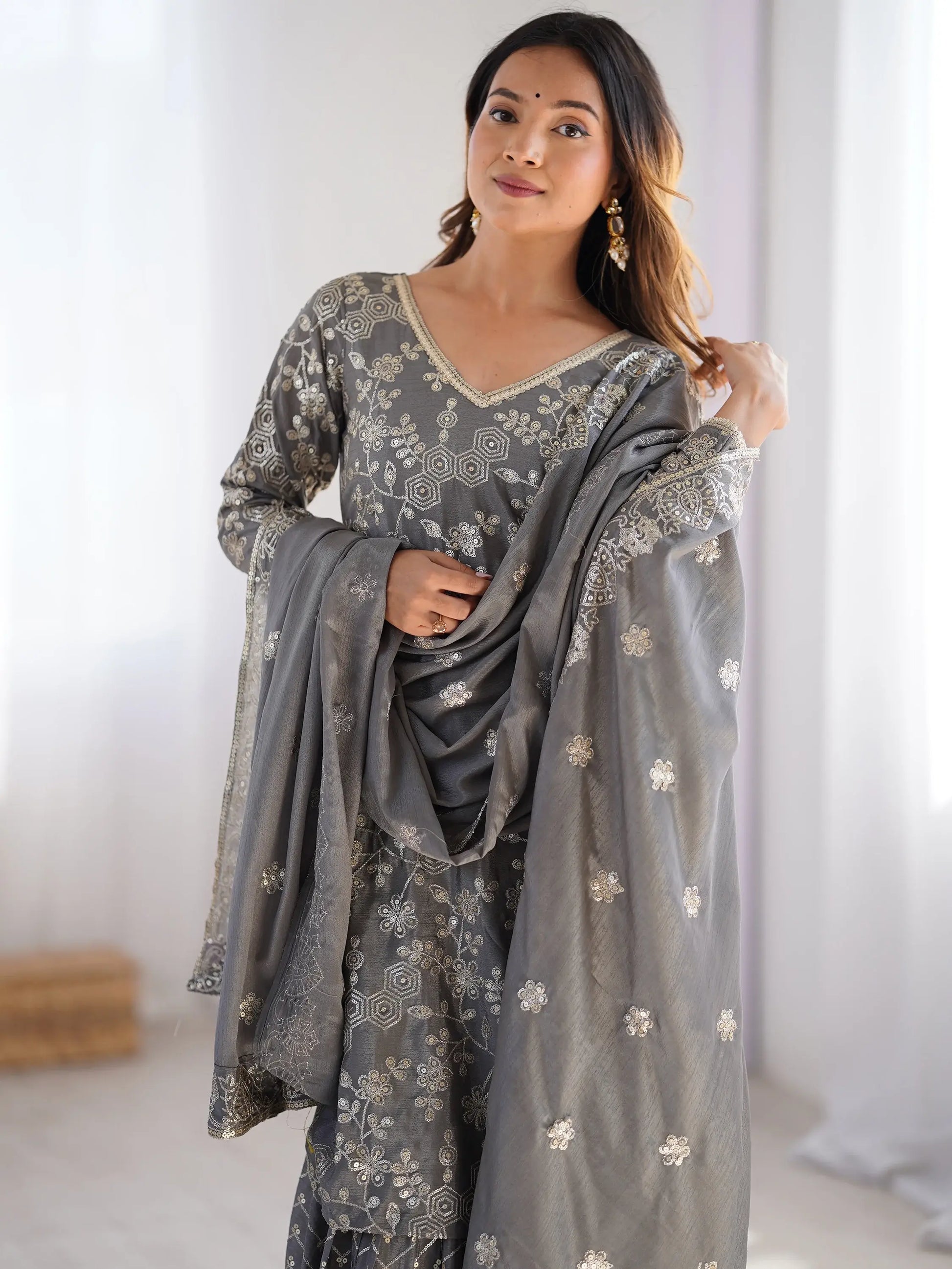Adorable Grey Sequins Chinon Designer Sharara Suit With Dupatta - Zeel Clothing