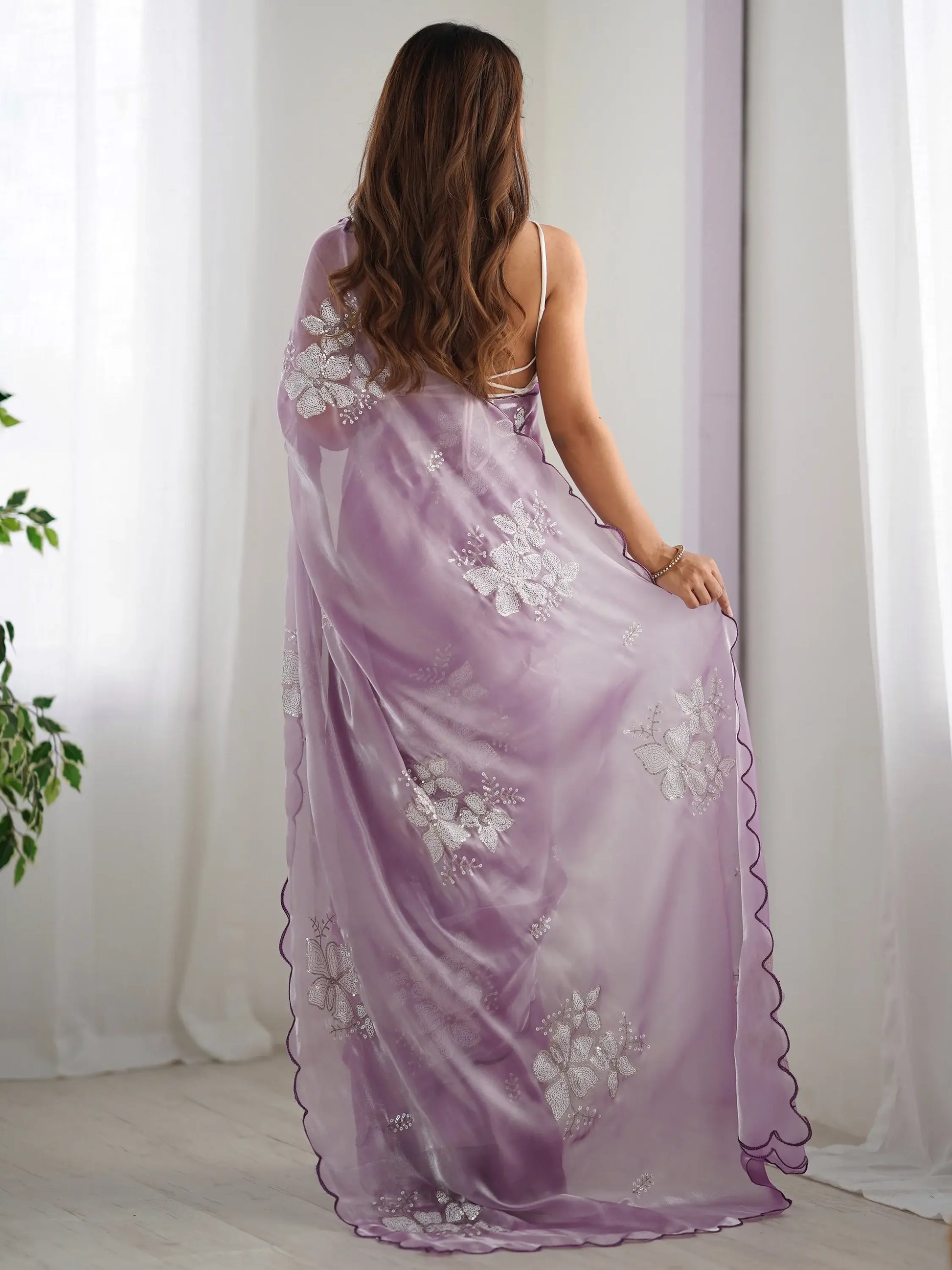 Adorable Lavender Embroidered Organza Event Wear Saree With Blouse - Zeel Clothing