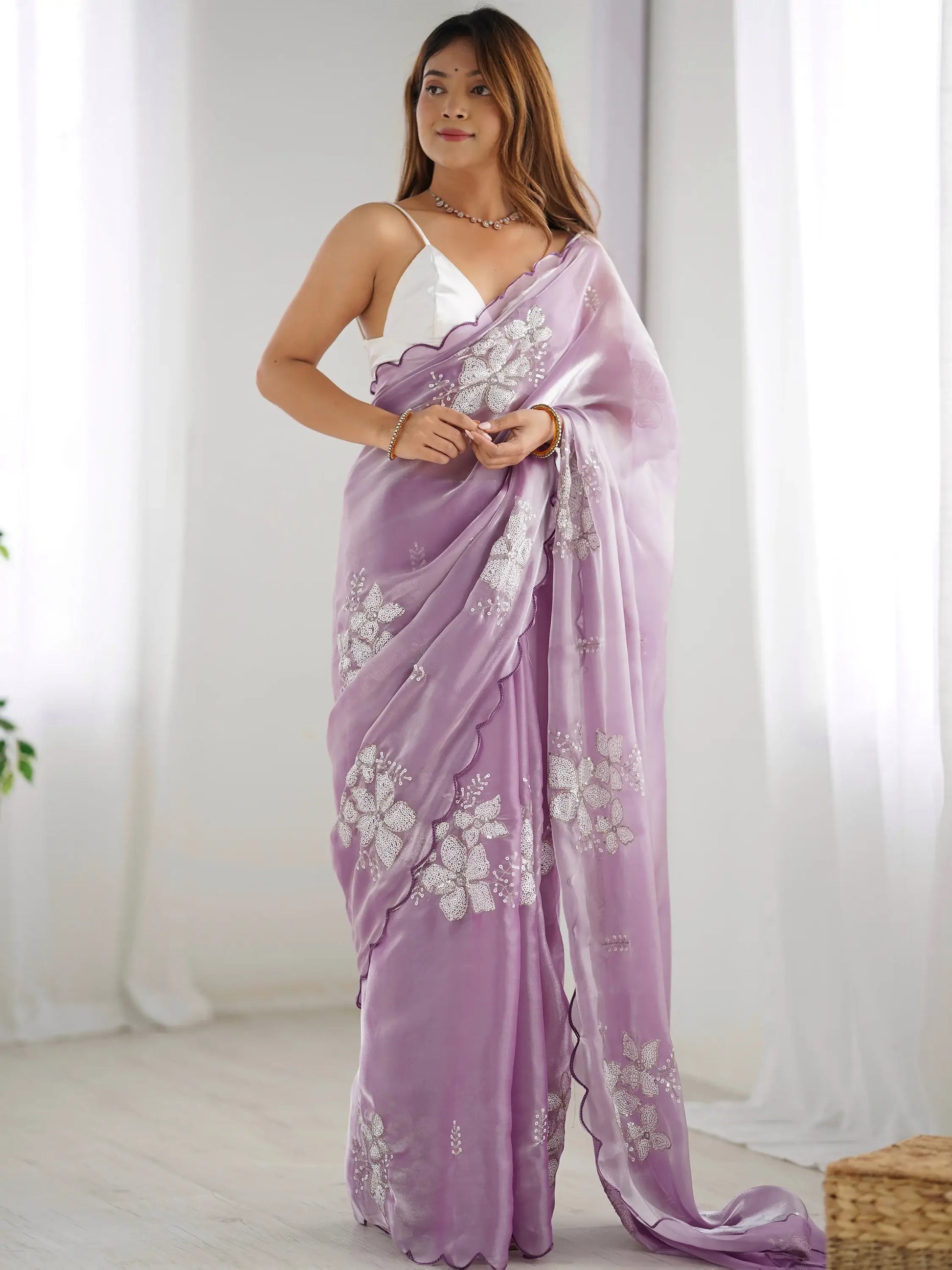 Adorable Lavender Embroidered Organza Event Wear Saree With Blouse - Zeel Clothing