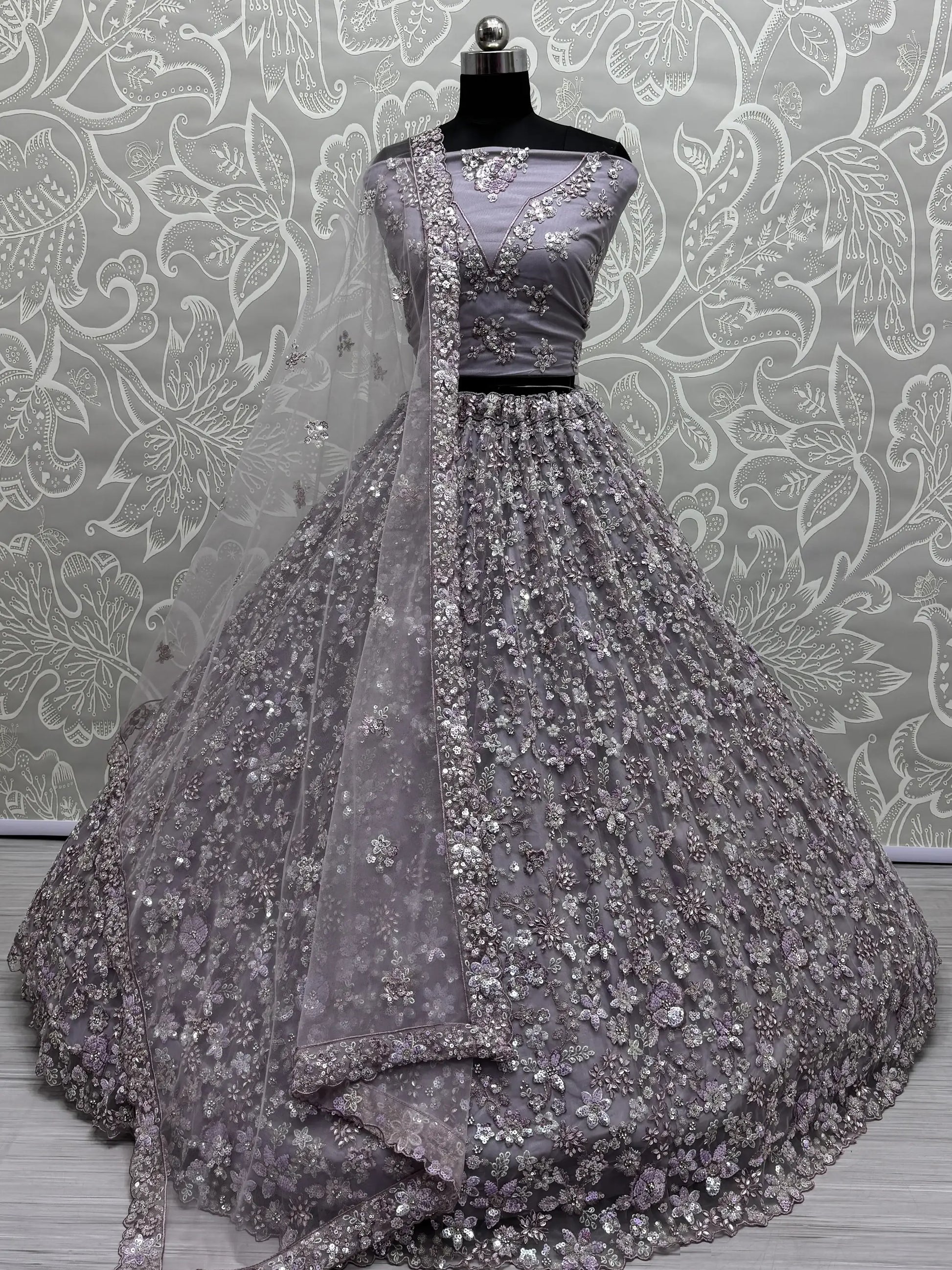 Adorable Lavender Sequins Work Net Bridesmaid Lehenga Choli With Dupatta - Zeel Clothing