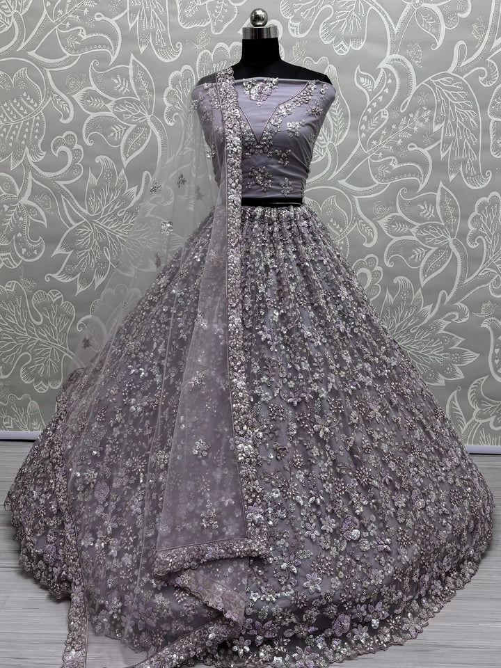 Adorable Lavender Sequins Work Net Bridesmaid Lehenga Choli With Dupatta - Zeel Clothing