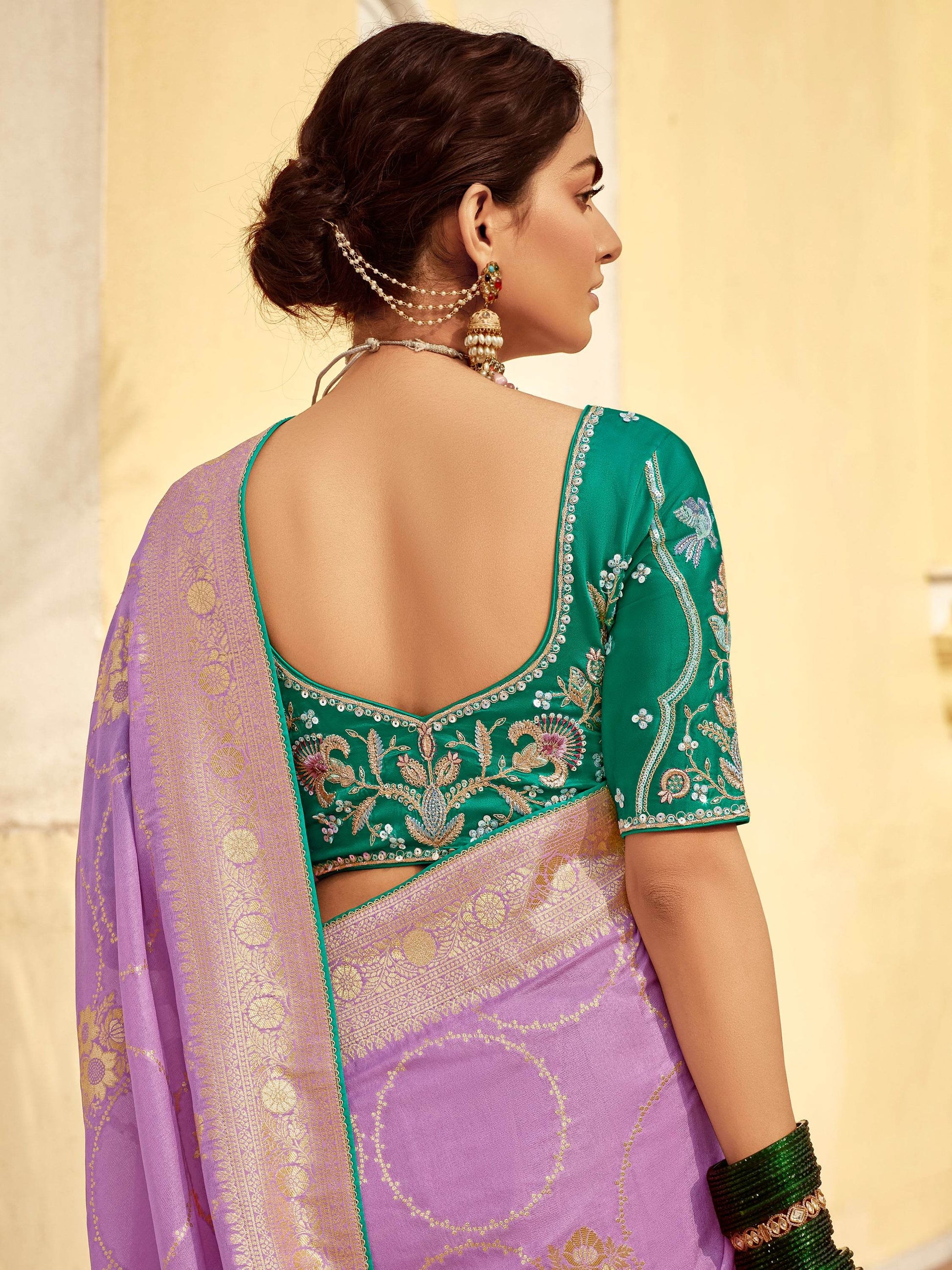 Adorable Lavender Zari Weaving Dola Silk Bridal Wear Saree With Blouse - Zeel Clothing