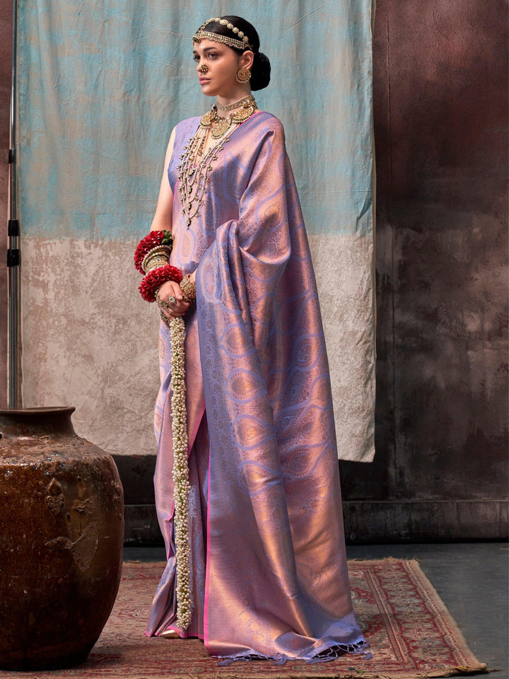 Adorable Lavender Zari Weaving Silk Wedding Saree With Blouse