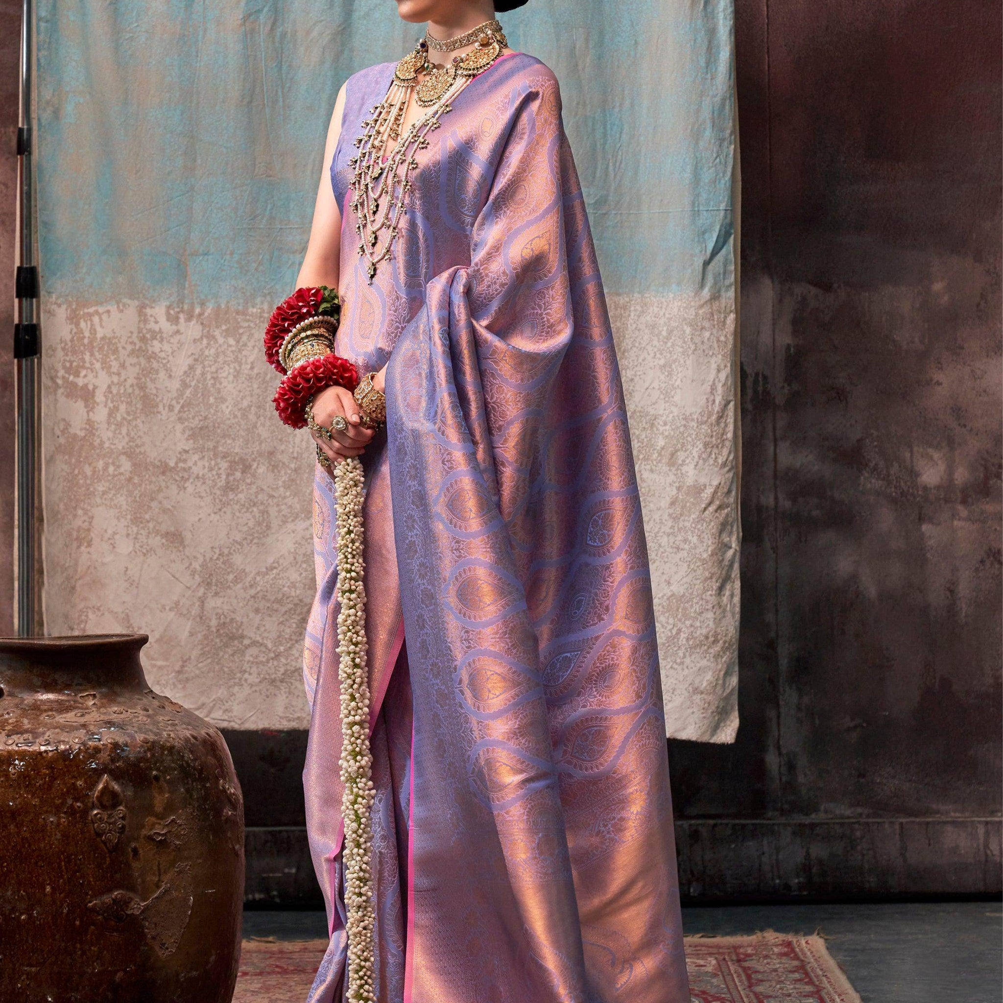 Adorable Lavender Zari Weaving Silk Wedding Saree With Blouse - Zeel Clothing
