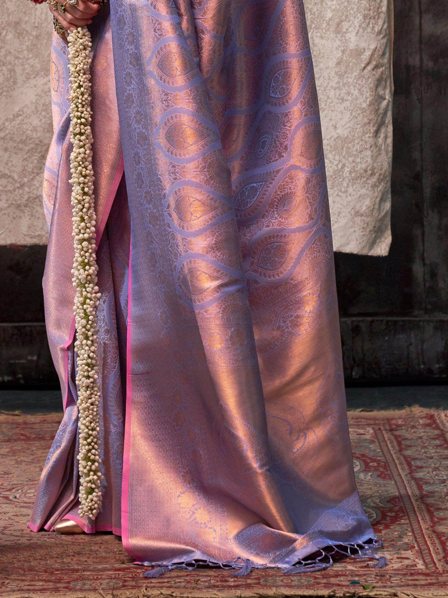 Adorable Lavender Zari Weaving Silk Wedding Saree With Blouse - Zeel Clothing