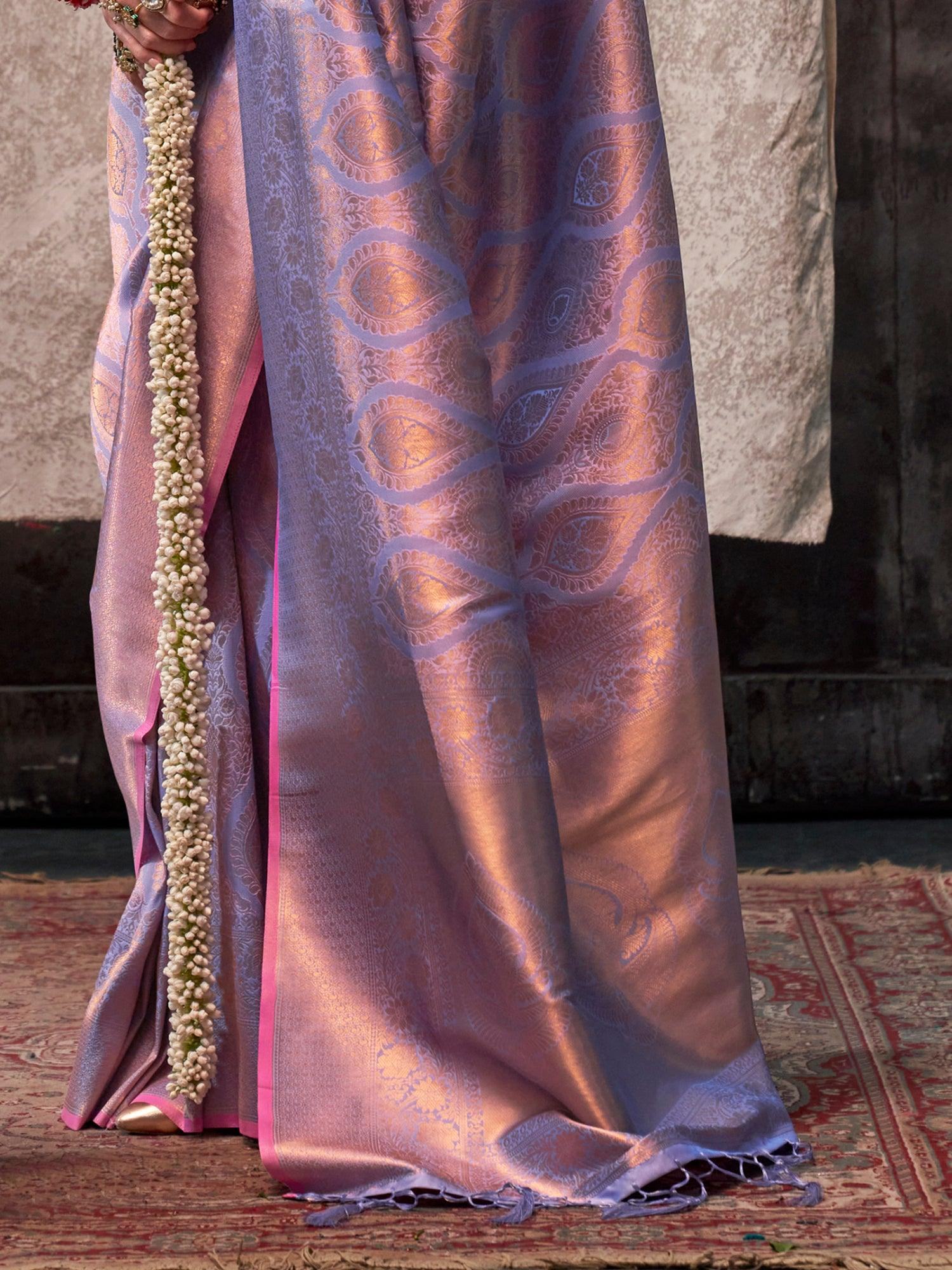 Adorable Lavender Zari Weaving Silk Wedding Saree With Blouse