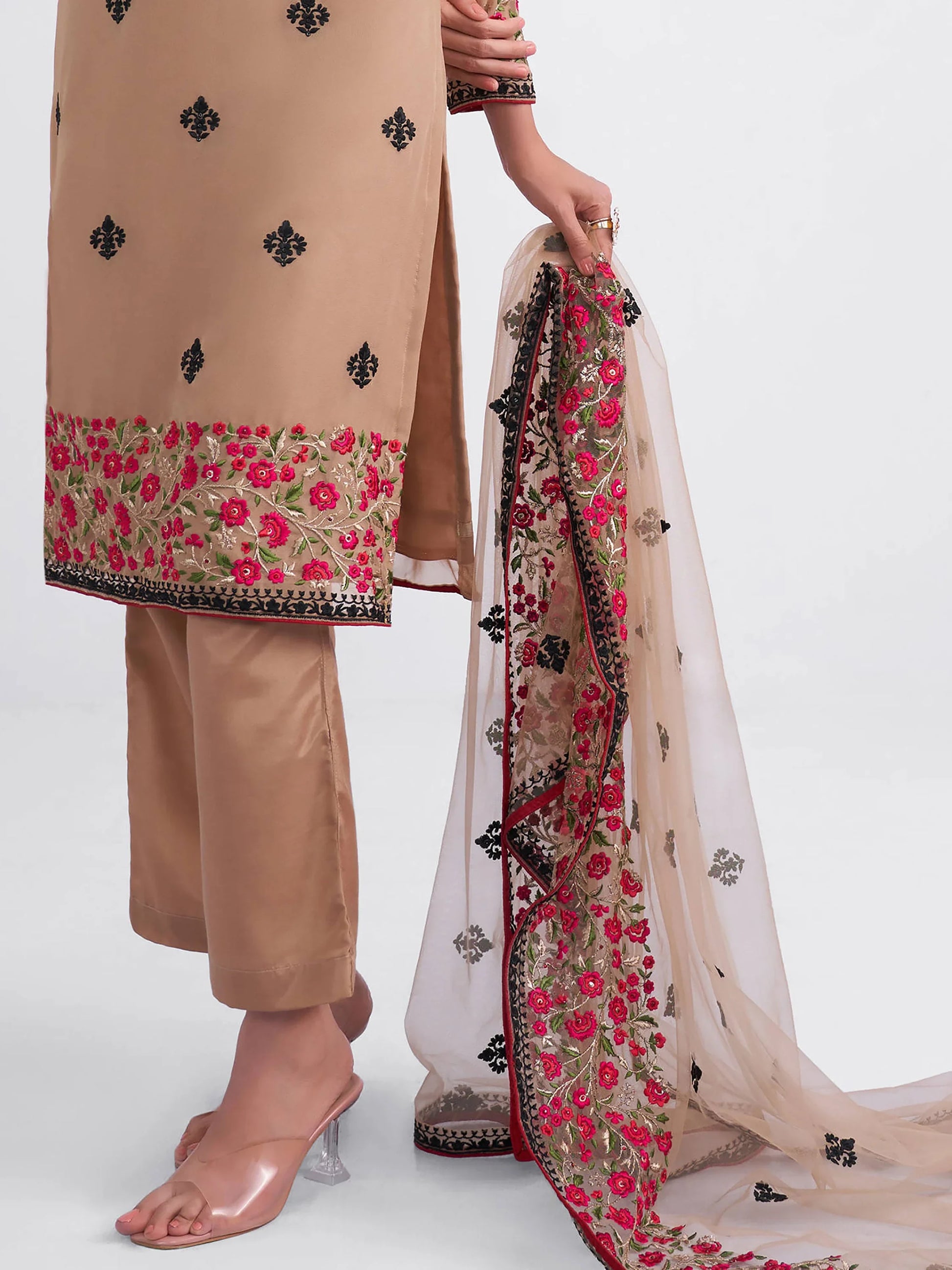 Adorable Light Brown Thread Embroidered Georgette Salwar Suit - Zeel Clothing