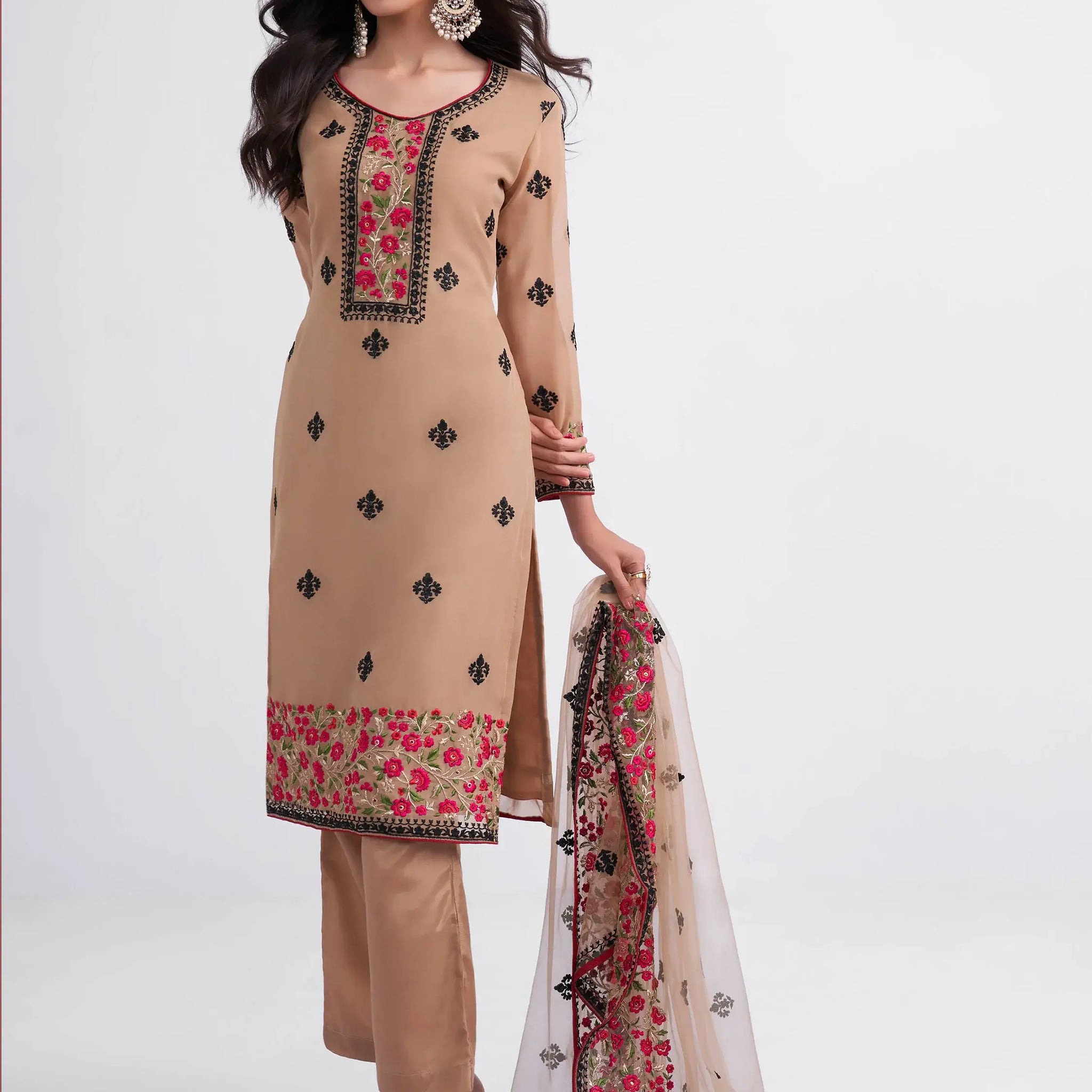 Adorable Light Brown Thread Embroidered Georgette Salwar Suit - Zeel Clothing