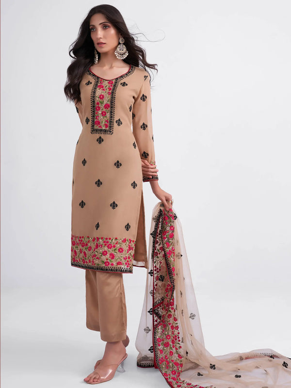 Adorable Light Brown Thread Embroidered Georgette Salwar Suit - Zeel Clothing