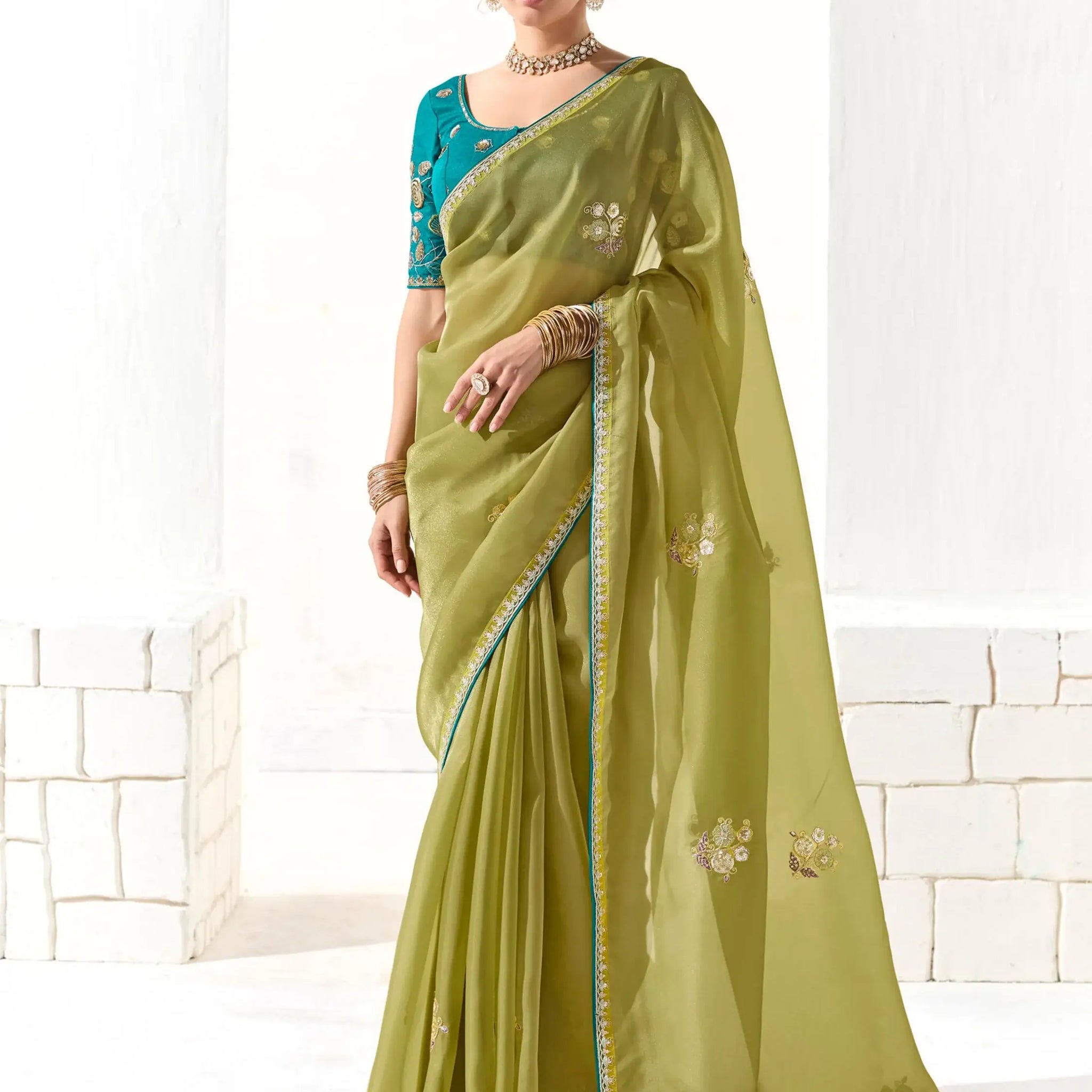 Adorable Light Green Thread Work Tissue Silk Saree With Blouse - Zeel Clothing