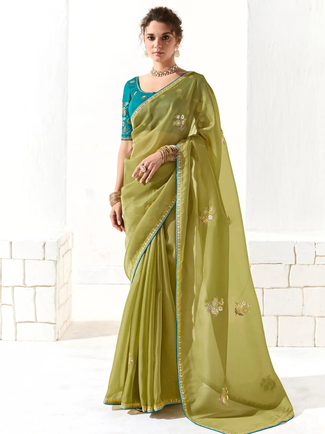 Adorable Light Green Thread Work Tissue Silk Saree With Blouse - Zeel Clothing