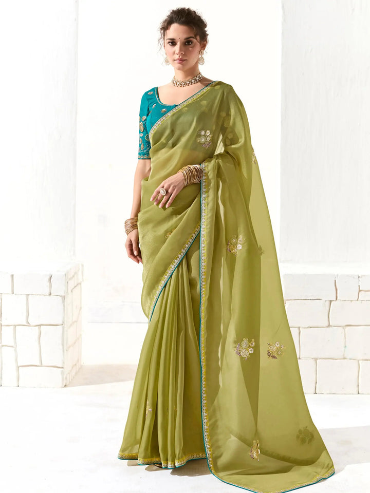 Adorable Light Green Thread Work Tissue Silk Saree With Blouse - Zeel Clothing