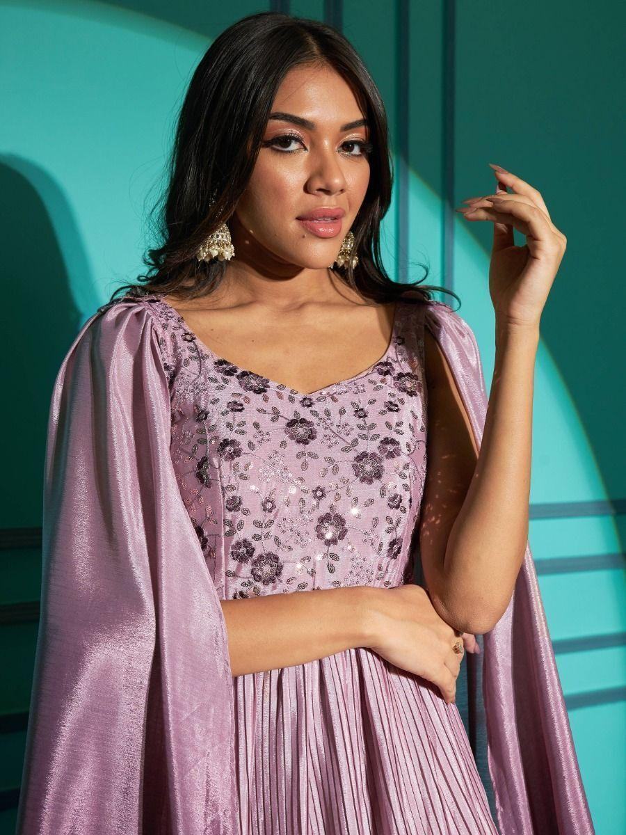 Adorable Light Purple Embroidered Chinon Party Wear Gown