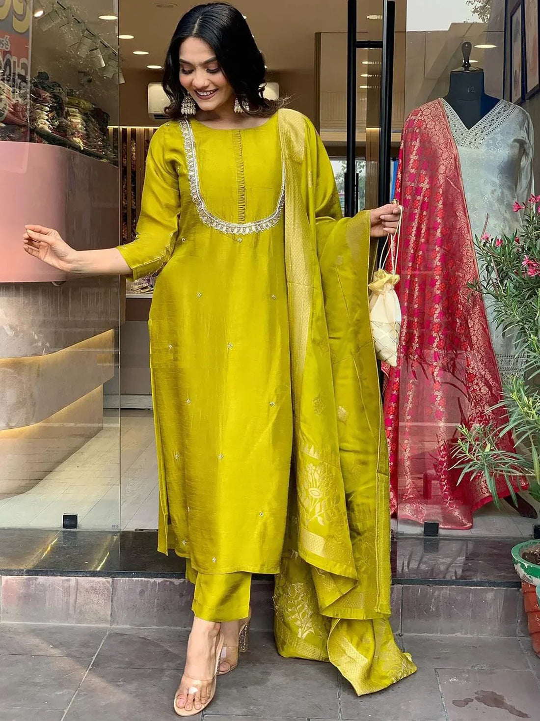 Adorable Lime Green Embroidered Viscose Festival Wear Pant Suit - Zeel Clothing