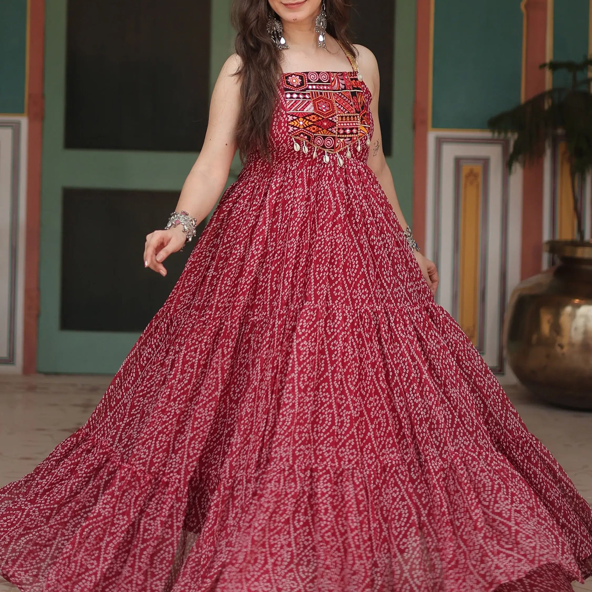 Adorable Maroon Bandhani Printed Georgette Navratri Wear Gown - Zeel Clothing