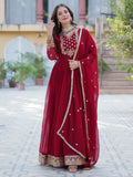 Adorable Maroon Floral Embroidered Georgette Eid Special Gown With Dupatta - Zeel Clothing