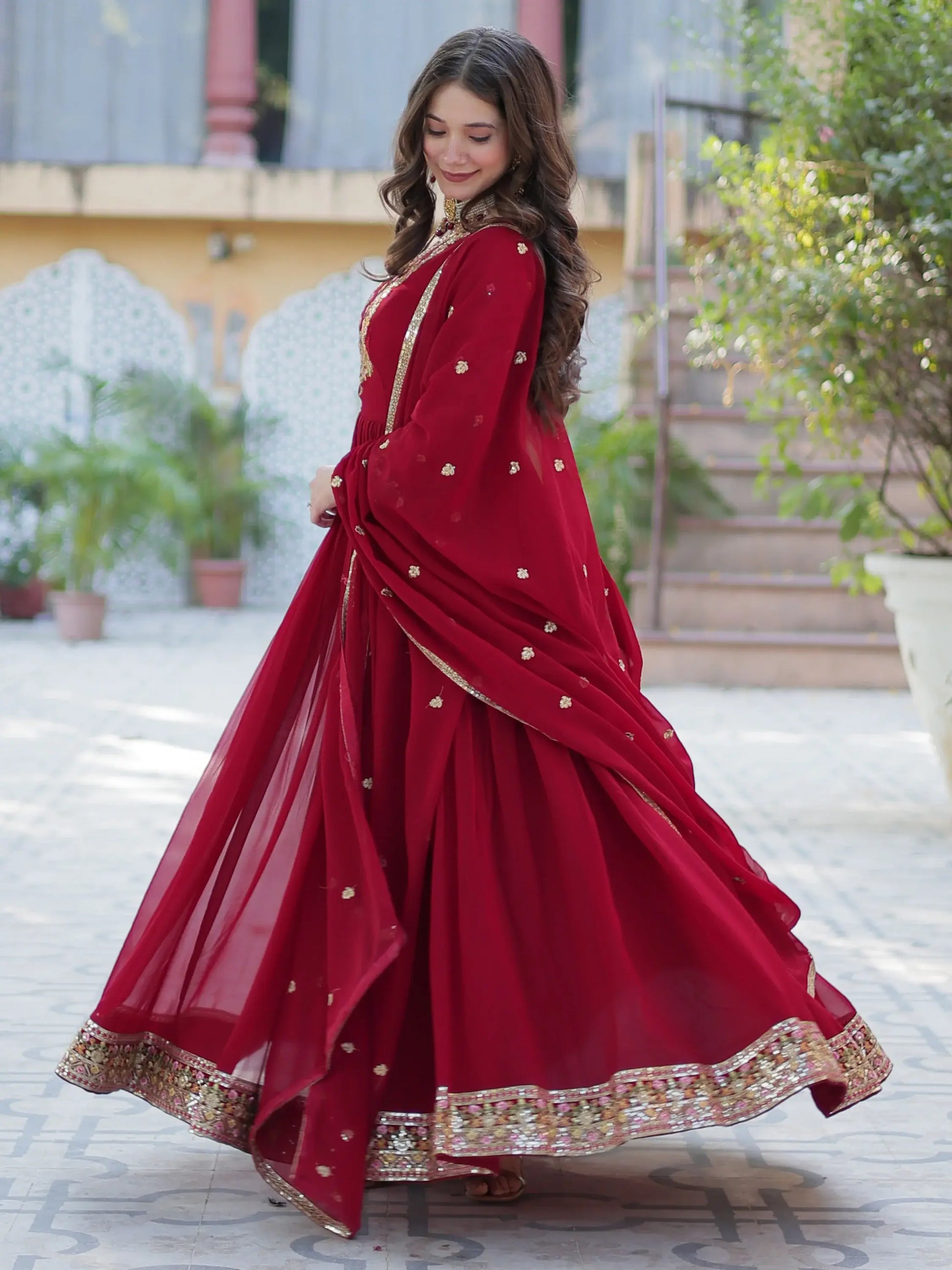 Adorable Maroon Floral Embroidered Georgette Eid Special Gown With Dupatta - Zeel Clothing