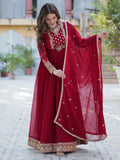 Adorable Maroon Floral Embroidered Georgette Eid Special Gown With Dupatta - Zeel Clothing