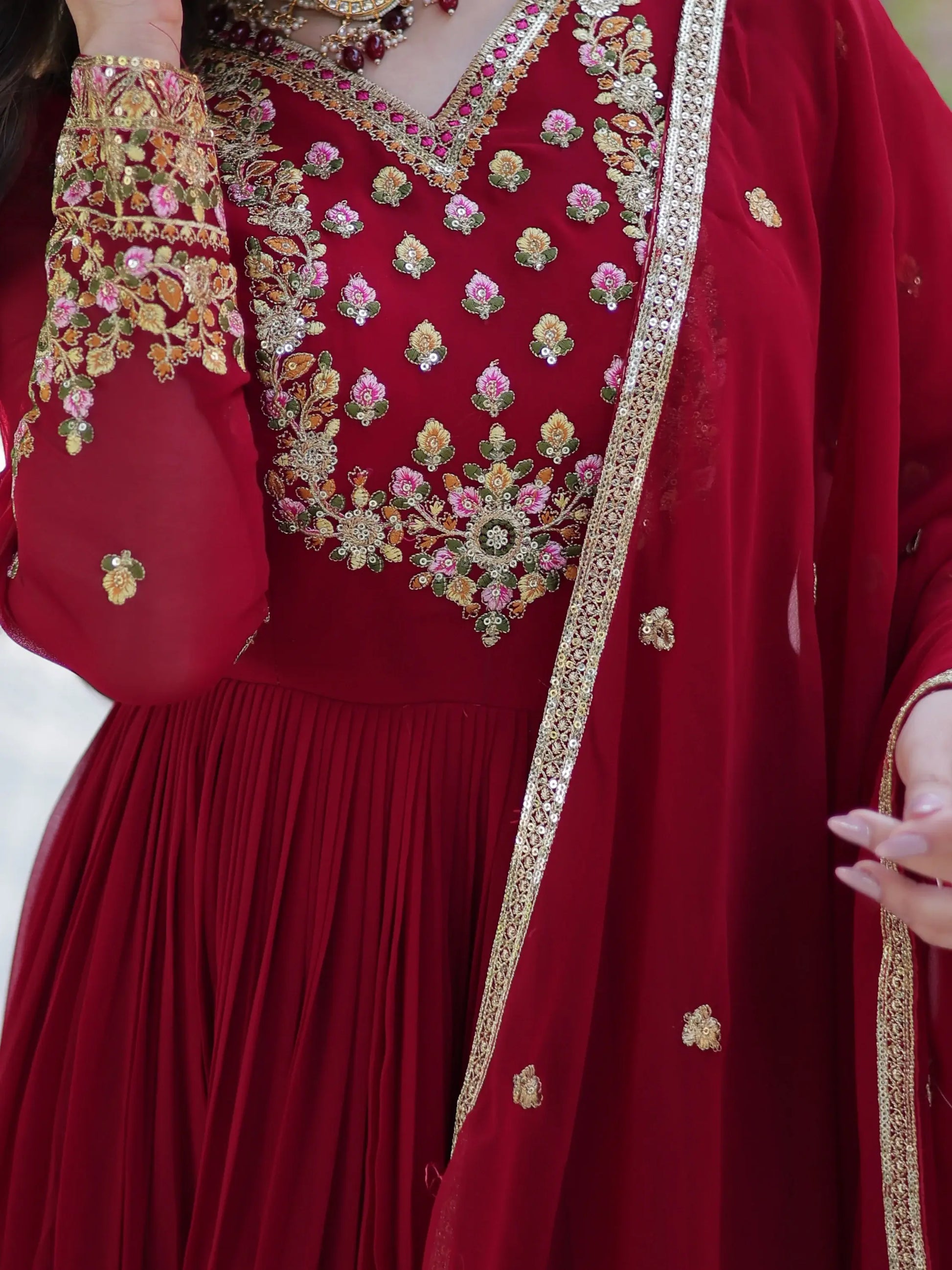 Adorable Maroon Floral Embroidered Georgette Eid Special Gown With Dupatta - Zeel Clothing